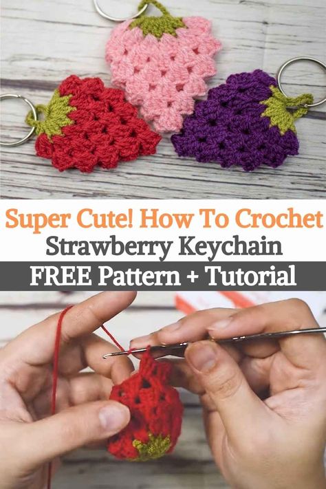 Crochet Strawberry Keychain Pattern, Crochet Strawberry Keychain Pattern Free, Free Crochet Strawberry Pattern, Strawberry Crochet Keychain, Crochet Keychain Pattern Free Key Rings, Crochet Bag Charm Free Pattern, Crochet Keychain Pattern Free Easy, Crochet Key Rings, Crochet Caravan