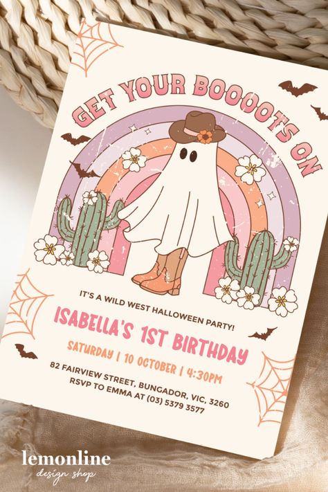 Get ready to saddle up for a rootin' tootin' Halloween hoedown with our EDITABLE Halloween Western birthday invitation! This invitation is perfect for a wild Halloween party in the Old West, where you can gather your friends for some Western-themed fun! #ghostinvitations #westerninvitations #Countryinvitation #wildwestparty #WildWestBoots #westernthemeshower #saddleupbirthday #cowboybootsinvite Western Halloween Party, Western Birthday Party Invitations, Western Birthday Invitations, Halloween Hoedown, Wild West Invitation, Wild West Birthday Invitation, Cowboy Party Invitations Target, Cowgirl Invitations, Western Invitations