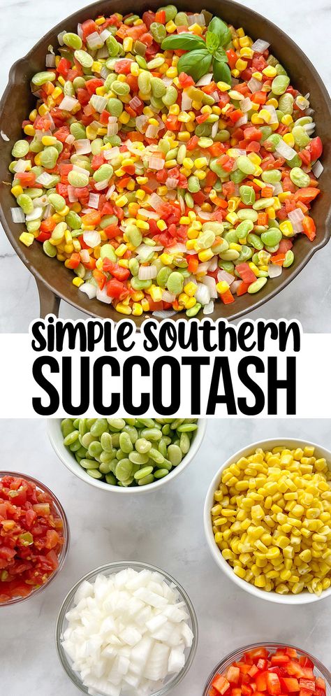 Corn succotash in a skillet with lima beans, onion, bell pepper, and tomato. Squash Succotash Recipe, Summer Succotash Recipes, Suckatash Recipes, Canning Succotash, Vegan Succotash Recipe, Succotash Recipe Silver Dollar City, Sucatash Recipe Simple, Succotash Recipe Easy, Vestibular Diet