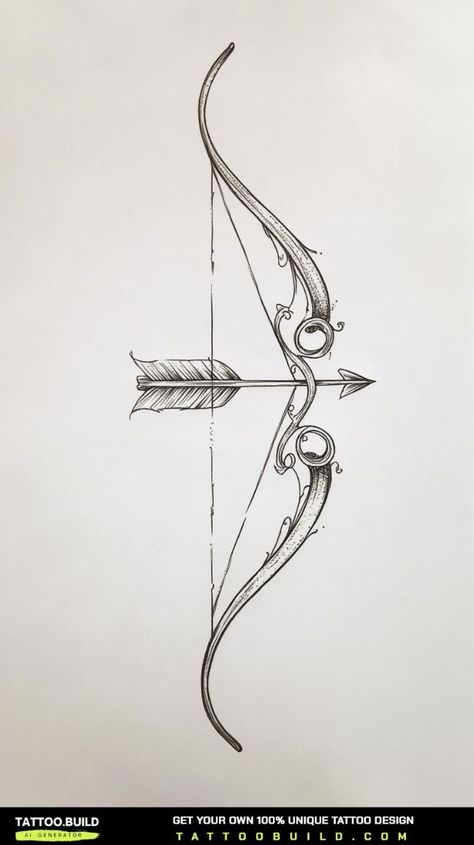 This elegant bow and arrow tattoo drawing represents focus and determination. #tattooideas #inkinspiration #tattooart #bodyart #tattooinspo #tattooideasforwomen Cute Saggitarius Tattoos, Archery Tattoos For Men, Bow And Arrow Back Tattoo, Greek Bow And Arrow Tattoo, Warrior Arrow Tattoos For Women, Cool Bow And Arrow, Small Archer Tattoo, Bow And Arrow Tattoo For Men, Arrow Tattoo Designs For Women