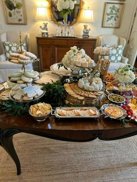 Bridal Shower Serving Table, Traditional Bridal Shower Ideas, Bridal Shower Brunch Food Ideas Tea Sandwiches, Bridal Shower Chicken Salad, Southern Bridal Shower Food, Brunch Wedding Shower Ideas Food Bars, Shower Food Table Display, Southern Wedding Buffet, Bridal Shower Details