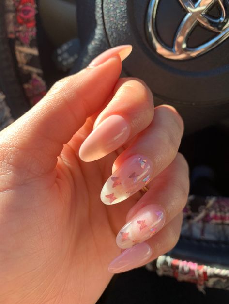 Pearl Butterfly Nails, Kelebek Nail Art, Almond Nails Butterfly, Dsmp Nails, Nails Acrylic Blue, Pink Nails Spring, Spring Nails Aesthetic, Aesthetic Nails Acrylic, Aesthetic Nail Ideas