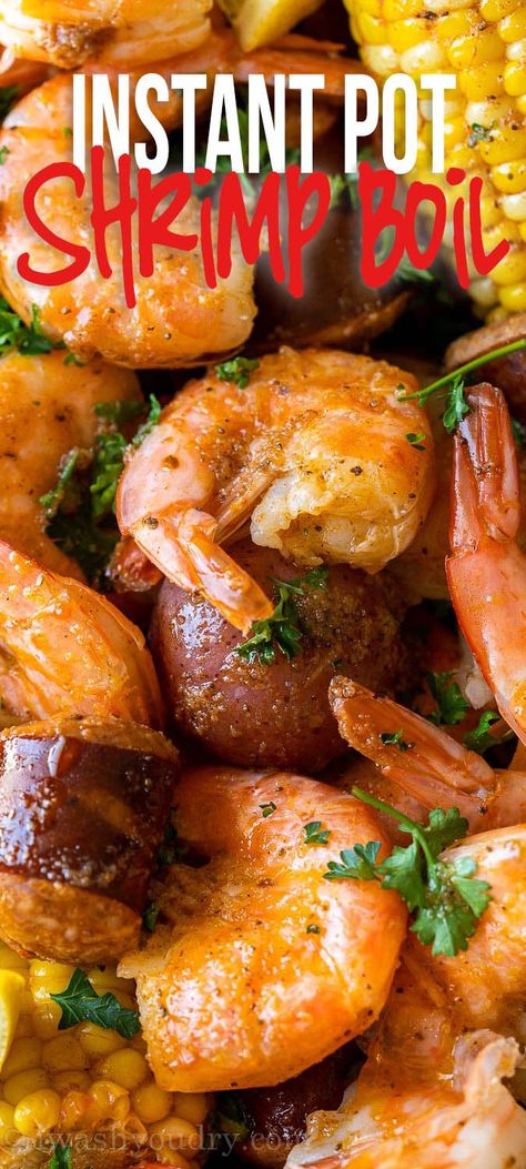 Instant Pot Shrimp Boil, Low Country Shrimp Boil, Instant Pot Shrimp, Jumbo Shrimp Recipes, Cajun Boil, Shrimp Boil Recipe, Cooked Potatoes, Seasoned Butter, Potted Shrimp