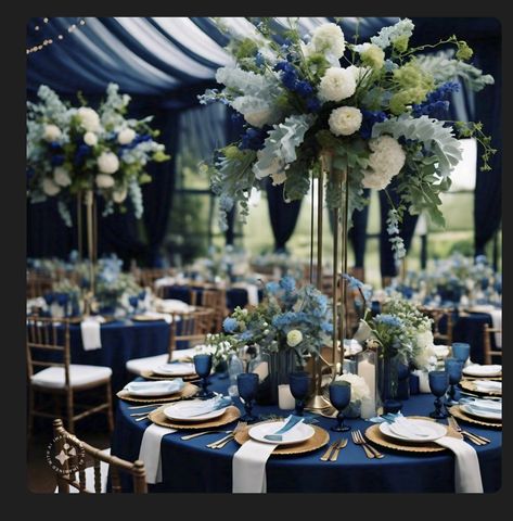 Navy Blue And Gold Wedding Table Setting, Navy Chair Covers Wedding, Blue Gold Wedding Centerpiece, Navy Blue White And Silver Wedding Theme, Blue Navy Wedding Theme, Blue Black White Wedding Theme, Navy Blue Gold White Wedding, Dark Blue Theme Wedding, Navy Ball Decorations