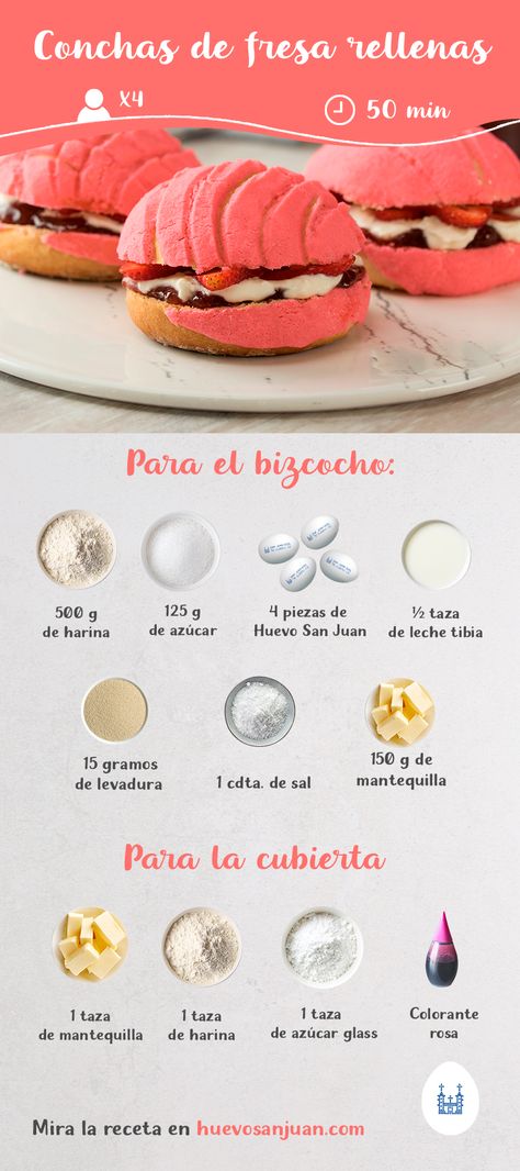 Descubre cómo preparar un #pan tradicional mexicano con esta #receta paso a paso de conchas de fresa rellenas de crema de nata. Consulta el procedimiento aquí: Filled Conchas, How To Make Conchas Pan Dulce, Mini Conchas Recipe, Strawberry Conchas, Pan Concha, Concha Recipe, Conchas Recipe, Conchas Pan, Mexican Drink Recipes