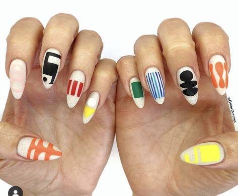 Wacky Nail Art, Color Block Nail Art, Bright Abstract Nails, Cool Nail Designs For Short Nails, Nail Inspo Abstract, Graphic Nail Designs, Modern Art Nails, Art Inspired Nails, Abstract Art Nails