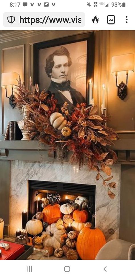 Living Room Mantel Decor, Pumpkins And Gourds, Living Room Mantel, Fall Fireplace, Fall Living Room, Rustic Lanterns, Elegant Chandeliers, Mantel Decor, Kitchen Pendants