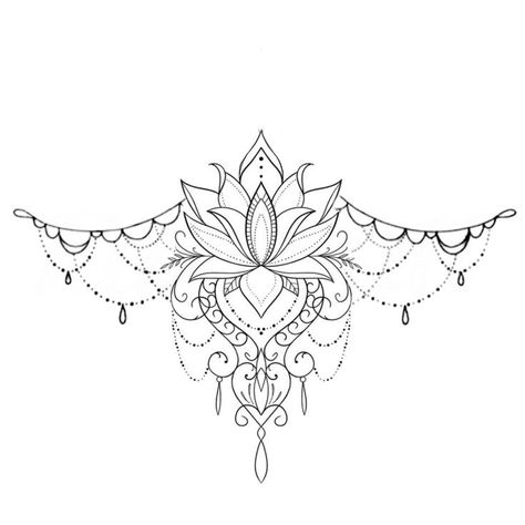 Underboob Mandala Tattoo, Sternum Tattoo Lotus, Atrapasueños Tattoo, Chest Tattoo Stencils, Sternum Tattoo Design, Mandela Tattoo, Mandala Hand Tattoos, Girl Thigh Tattoos, Jewel Tattoo