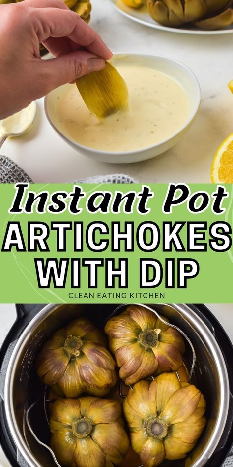 When you want a tasty vegetable recipe, try these Instant Pot Artichokes! This is an easy and efficient way to cook this healthy vegetable. Artichokes have tons of fiber and antioxidants. Plus, they're delicious! This vegan recipe includes a creamy dipping sauce full of lemon flavor. Everyone loves this vegetarian recipe. Instapot Artichoke Recipes, Artichokes In Instant Pot, Whole 30 Artichoke Recipes, Artichokes Instant Pot, Artichoke Recipes Instant Pot, Instant Pot Artichokes, Instapot Artichokes, Artichoke Instant Pot, Pressure Cooker Artichokes