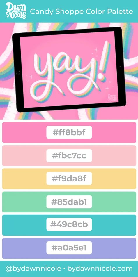 Candy Shoppe Color Palette Rainbow Color Palette Hex Codes, Pastel Rainbow Color Palette, Procreate Rainbow, Cute Color Palette, Easy Lettering, Rainbow Color Palette, الفن الرقمي, Hex Color Palette, Rainbow Palette