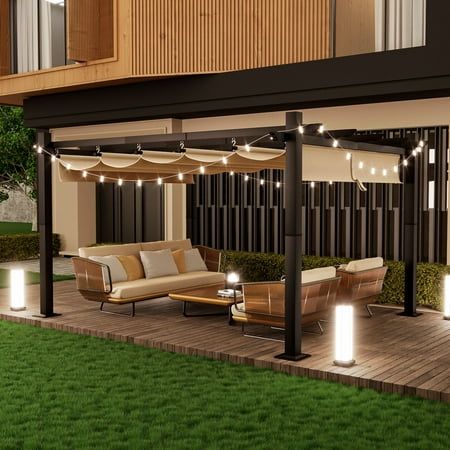 The outdoor patio pergola will bring you a better life! The best feature of this pergola is the adjustable canopy, which allows you to choose the shading area of light you wish, and you can easily sunbathe or take a nap in the pergola. Of course, the most concerned about the outdoor pergola is the quality of the material, the frame of this pergola is mainly made of aluminum, which is very lightweight but very strong, and has a protective coating on the exterior to prevent rusting and peeling. Th Freestanding Pergola Ideas, Paragola Ideas, Patio Covers Attached To House, Pergola Patio Attached To House, Pergola Lighting Ideas, Outdoor Patio Pergola, Backyard Pergola Ideas, Covered Pergola Patio, Pergolas Ideas