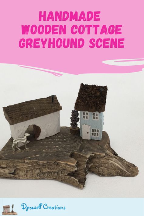 Greyhound woodland scene with dried lavender tree in a shabby chic coastal style  This has been handmade from reclaimed wood with the tiny cottage painted in duck egg paint  Mini Tibetan Silver Greyhound / Dog standing in front of a coastal building Lavender Tree, Coastal Houses, Small Rustic House, Rustic Coastal Decor, Unique Wedding Presents, Shabby Chic Shelves, Dog Standing, Cottage Rustic, Hemel Hempstead