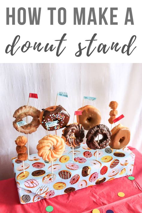 Make your own DIY donut stand for your next donut themed party. It takes a few materials and some minutes to DIY this colorful party decor! #donutstand #partydecor #party