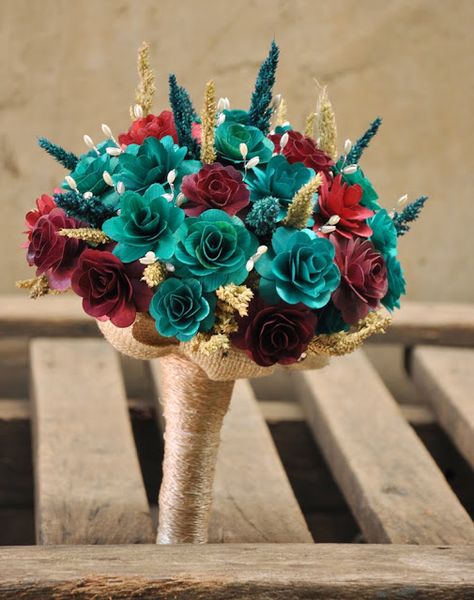 Maroon and Teal Bouquet Made of Wooden Flowers for Weddings, Home Decors or Just to Give | Reduce. Reuse. Recycle. Replenish. Restore. Burgundy Pantone, Wedding Pantone, Teal Bouquet, Pantone 2015, Teal Wedding Colors, Teal Color Schemes, Gold Wedding Colors, Maroon Wedding, Teal Wedding