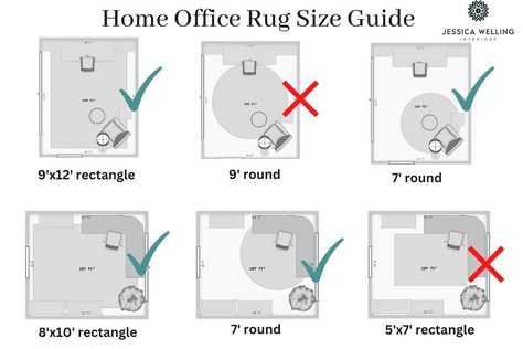 Standard Rug Sizes: The Right Sized Rug for Every Room - Jessica Welling Interiors Rug Size Guide Office, Rug Placement In Home Office, Rug Size Guide Nursery, Office Rug Size Guide, Home Office Rug Placement, Office With Rug, Office Rug Placement, Round Rug Size Guide, Office Rugs Ideas