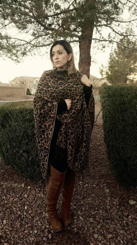 Leopard print poncho cheetah print poncho Poncho Outfit, Black Fur Vest, Black Pants Outfit, Pants Outfits, Fall Wear, Pants Outfit, Cheetah Print, Nun Dress, Black Pants