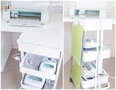 Essex Rolling Cart Cricut, Small Cricut Workspace Ideas, Cricut Cart Ideas, Cricut Desk Ideas, Vinyl Craft Room, Cricut Workspace Ideas, Rolling Cart Organization, Cricut Organization Ideas, Cricut Storage Ideas