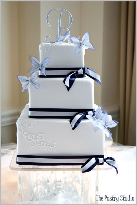 Butterflies. white/navy Square Wedding Cakes Elegant, Wedding Cakes Elegant Simple, Wedding Cake With Butterflies, Navy And White Wedding Cake, Cake With Butterflies, Navy And White Wedding, Nautical Wedding Cakes, Butterfly Wedding Cake, Cakes Elegant