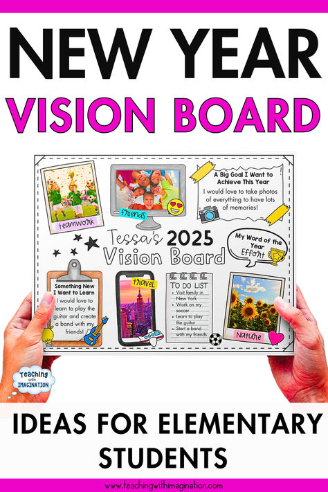 Looking for a meaningful way to kick off the New Year in your classroom? Try a vision board for students! This engaging activity helps kids set goals, reflect on their dreams, and stay motivated all year long. Perfect for New Year’s activities for kids, this blog post is packed with ideas and tips to guide you step-by-step. Learn how to create a vision board for kids with printable and digital options that make goal-setting fun and easy. Vision Board Ideas Elementary, New Years Goal Setting For Kids, 2025 Vision Board For Kids, New Year Vision Board Ideas For Kids, New Years Vision Board Kids, Vision Board Classroom, New Years Activities For Upper Elementary, Vision Board Middle School, Vision Board For Kids Ideas