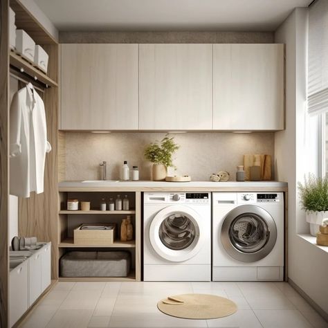 Tiny Laundry Room, Pantry Door Ideas, Small Laundry Room Ideas, Tiny Laundry, Mudroom Remodel, Warm Minimalism, Dream Villa, Bathroom Cabinets Designs, Tiny Laundry Rooms