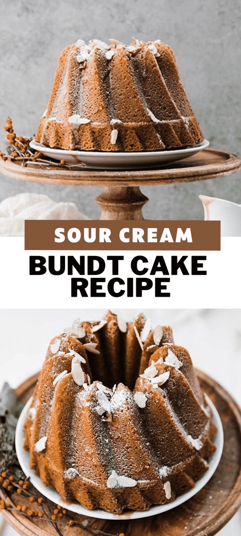 This homemade sour cream almond bundt cake recipe is nothing short of amazing. It is incredibly easy to make cake, and is perfect for serving up to friends and family during the holiday season. The bundt cake is topped off with homemade caramel and slivered almonds! #bundt #cake Moist Pound Cake Recipes, Sour Cream Pound Cake Recipe, Cream Pound Cake Recipe, Sour Cream Bundt Cake, Brown Sugar Banana Bread, Homemade Sour Cream, Billy Parisi, Bundt Cake Recipe, Sour Cream Pound Cake