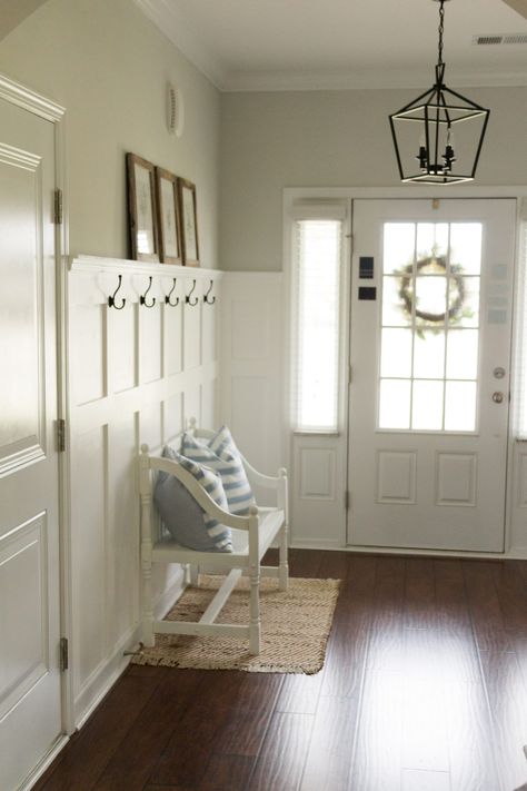 Entrance Board And Batten, Entryway With Board And Batten, Modern Board And Batten Wall Entryway, Batten Board Entryway, Hobby Lobby Entryway Ideas, Farmhouse Entryway Ideas With Bench, Outside Entryway Ideas, Entryway Board And Batten Wall, Coat Hanging Ideas Entryway