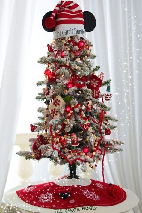 Árbol Este es un excelente ejemplo de como menos es más. Decora tu árbol en tonos blancos, dorados, rojos y agrégale un gorro en la punta. Cualquier gorro navideño está perfecto, sólo tienes que coserle las orejas a los lados. Natal Do Mickey Mouse, Disney Tree, Mickey Mouse Christmas Tree, Deco Disney, Disney Christmas Decorations, Disney Christmas Tree, Disney Christmas Ornaments, Tema Disney, Minnie Christmas