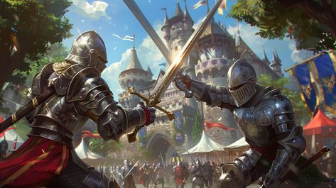 Two Knights Fighting with Swords at Knightly Tournament Knights Tournament, Two Knights, Castle Backdrop, Inspirational Digital Art, First Knight, Knight Armor, Medieval Knight, A Castle, Green Trees