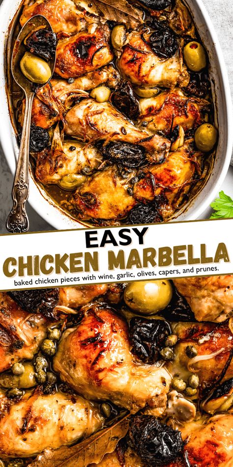 Baked to caramelized perfection, this easy chicken Marbella is packed with olives, capers, and prunes. Marinated in a sweet, herby brine, you'll love how elegant this simple dinner is. Chicken Mirabella Recipe, Chicken Marabelle, Easy Elegant Dinner, Chicken And Olives, Gd Recipes, Gf Entrees, August Recipes, Chicken Greek, Prune Recipes