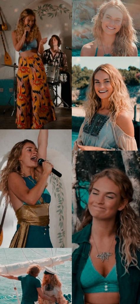 Mamma Mia Inspired Fits, Mama Mia Lily James, Mamma Mia Two Outfits, Lily James Hair Mamma Mia, Mamma Mia Lily James Outfits, Emily Stephens Mamma Mia, Mamma Mia Inspired Hair, Mamma Mia Outfit Inspiration, Mamma Mia Vibe Outfits