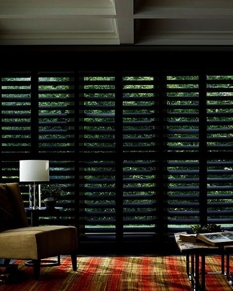 Premium Black Real Wood Shutter - Blinds UK Black Shutter Blinds, Industrial Windows, Black Shutters, Shutter Blinds, Wood Shutters, Dark Interiors, Dark Room, Blinds For Windows, Interior Design Trends