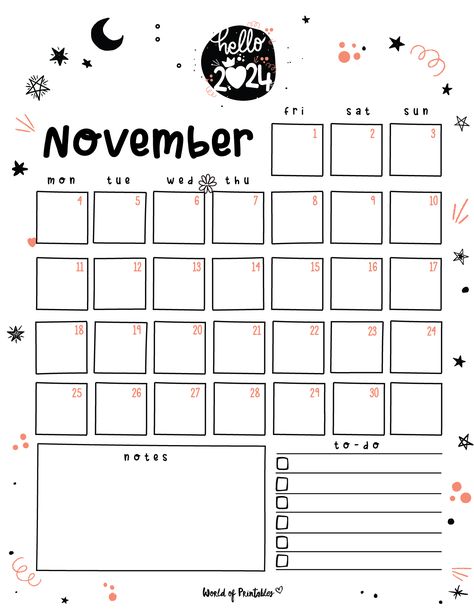 November 2024 Calendar, November Calendar 2024, Journal Month Page, November List, Bullet Journal Monthly Calendar, Whimsical Doodles, Planner Monthly Layout, Free Printable Monthly Planner, Weekly Planner Printable Templates