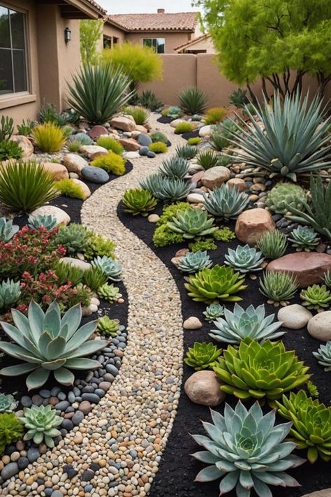 Landscaping With Succulents Front Yards, Desert Friendly Landscaping, Desert Landscaping Backyard On A Budget, Rock Desert Landscaping, Low Maintenance Desert Landscaping, Backyard Desert Landscape Ideas, Front Yard Succulent Landscaping, Front Yard Desert Landscaping Ideas, Desert Landscaping Front Yard