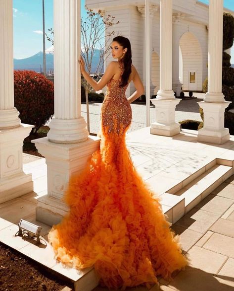 Orange Mermaid Prom Dress, Tulle Pattern, Orange Mermaid, Matric Dance Dresses, Orange Prom Dresses, Exquisite Dresses, Girls Dress Outfits, Prom Girl Dresses, Classy Prom Dresses