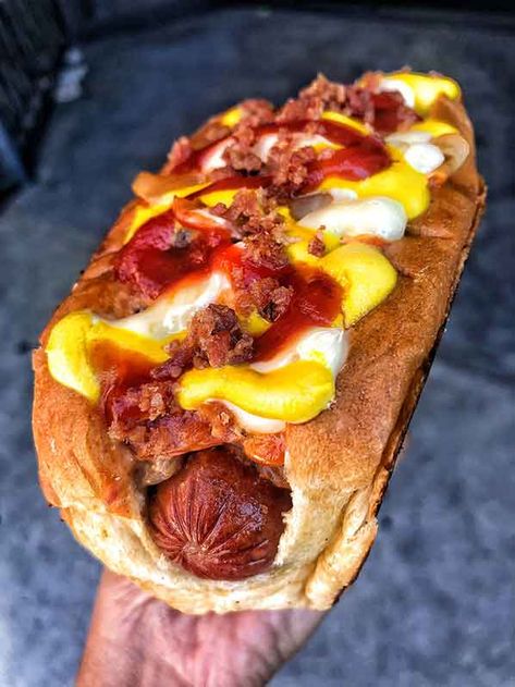 DIRT DOG Bacon Wrapped Hot Dog, Join Us For A Bite, Mini Cafeteria, Hot Dog Sauce Recipe, Best Hot Dogs, Hot Dog Sauce, Gourmet Hot Dogs, Hot Dogs Recipes, Burger Dogs