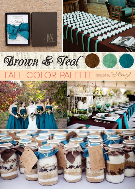 Teal and brown fall wedding with chocolate brown invitations in a box, a gorgeous tablesetting with birdcages, and teal bridesmaids' dresses...  #fallweddings #tealweddings #fallcolorpalettes #fallweddingcolors Brown Wedding Decorations, Wedding Colors Brown, Brown Fall Wedding, Teal Bridesmaids, Teal Weddings, Brown Invitation, Wedding Palettes, Fall Wedding Bridesmaids, Brown Bridesmaid Dresses