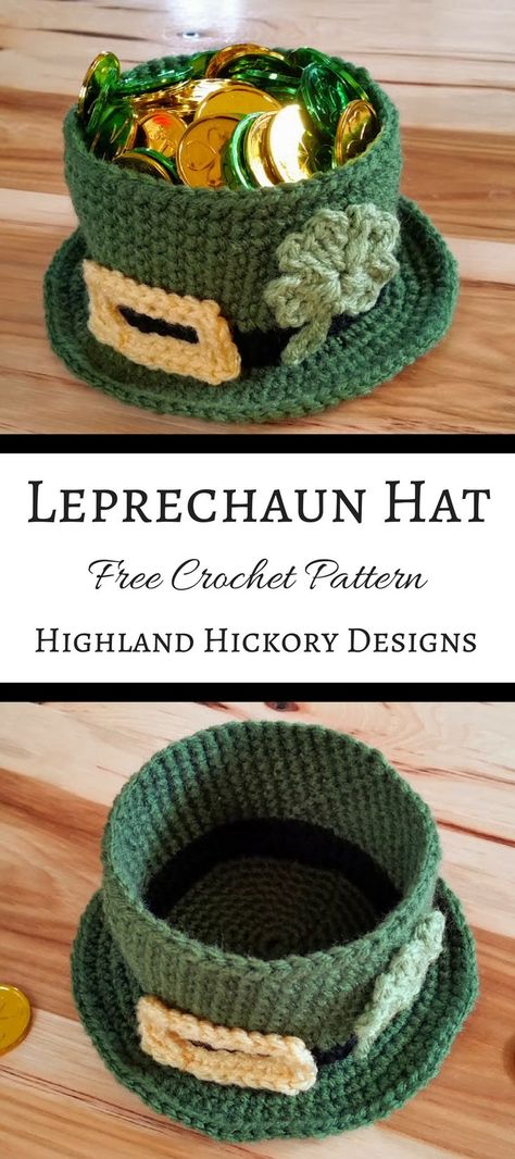 Crochet this Leprechaun hat that is shaped like a bowl! It's large enough to fit a candle inside or holiday treats! This is an easy and free St. Patrick's Day crochet pattern. Cute table topper or teacher gift. #luckoftheirish #crochet #freecrochetpattern #stpatricksday #holidaydecor Free Form Crochet, St Patricks Crafts, Cute Table, Leprechaun Hat, Confection Au Crochet, Leprechaun Hats, Adornos Halloween, Saint Patties, St Patrick's Day Crafts