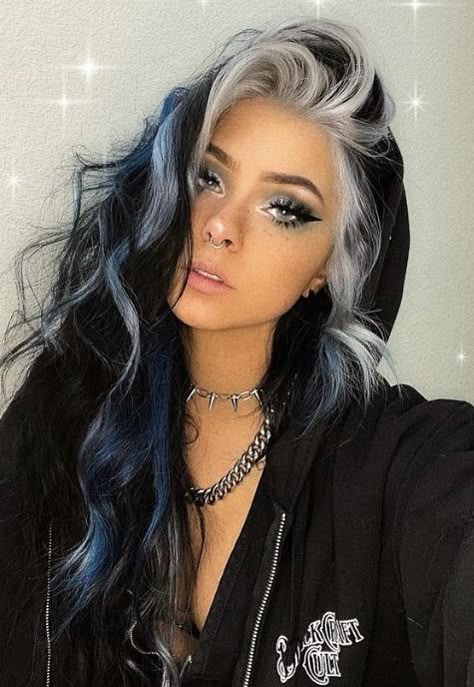 Trendy Hairstyles For Long Hair 2023, Hip Crease Tattoos Women, Blonde And Purple Money Piece, Three Color Hair Dye Ideas, Hair Color For 40's For Women, Dark And Silver Hair, Dark Multi Colored Hair, Hot Hair Colors For 2023, Blue Black And Blonde Hair