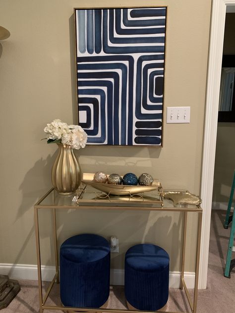 Navy Blue And Gold House Decor, Navy Blue And Gold Living Room, Blue And Gold Living Room, Rental Home Decor, Girl Apartment Decor, Gold Living Room Decor, Glam Living Room Decor, Blue Living Room Decor, First Apartment Decorating