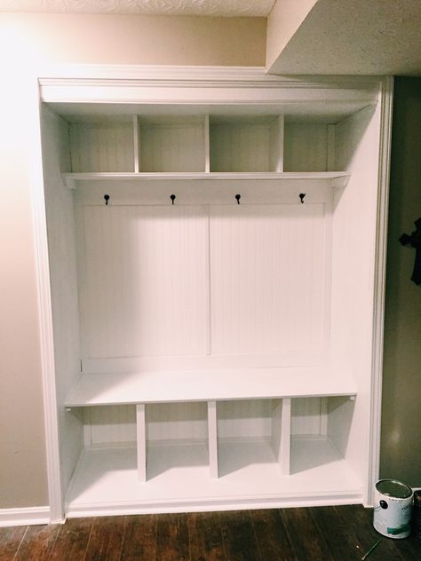 Turning Closet Into Mudroom, Closet Turned Mudroom, Entry Closet Ideas, Hallway Style, Front Hall Closet, Small Mudroom Ideas, Closet Transformation, Mudroom Remodel, House Laundry Room