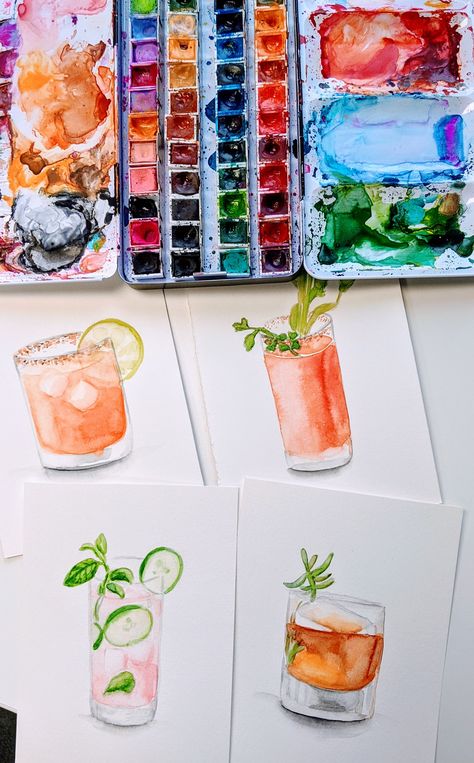 A set of colorful watercolor drinks. Fun summer watercolor cocktails for your upcoming party. Watercolor Drinks Cocktails, Summer Watercolor Ideas, Watercolour Cocktails, Coca Cola Painting, Drinks Watercolor, Cocktail Drawing, Watercolor Drinks, Cocktail Painting, Cocktail Watercolor