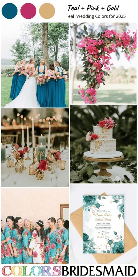 Cake With Pink Flowers, Teal Candles, White And Gold Wedding Cake, Teal Wedding Colors, Teal Wedding Invitations, Teal Bridesmaid, Candles White, Wedding Color Palettes, Teal Bridesmaid Dresses