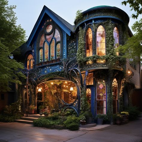 Old England Houses Interior, Witches Cottage Exterior, Whimsigoth Home Exterior, Creative Exterior Design, Witchy House Aesthetic Exterior, Fairy Tale Houses Real Life, Maximalism House Exterior, Cottage Core Home Exterior, Quirky House Exterior