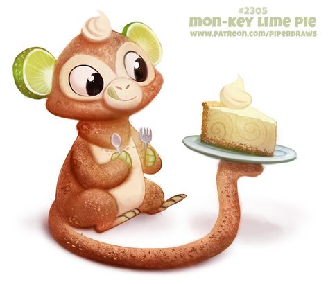 ArtStation - Daily Paint 2305. Monkey Lime Pie, Piper Thibodeau Piper Thibodeau, Fruit Animals, Animal Food, Food Drawings, Animal Puns, Images Kawaii, Animated Animals, Cute Food Drawings, Cute Fantasy Creatures