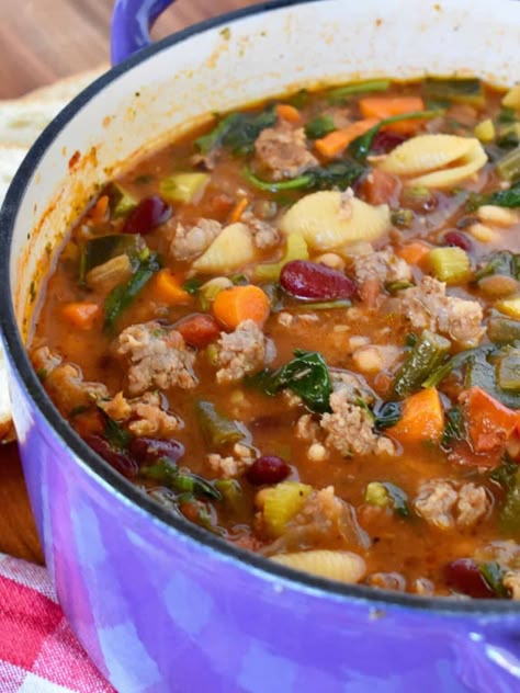 Italian Minestrone Soup - This Italian Kitchen Minestrone Soup Recipe With Sausage, Minestrone Soup With Sausage, Soup Recipe With Sausage, Kale And Bean Soup, Sausage Italian, Recipe With Sausage, Italian Soups, Italian Main Dishes, Soup With Sausage