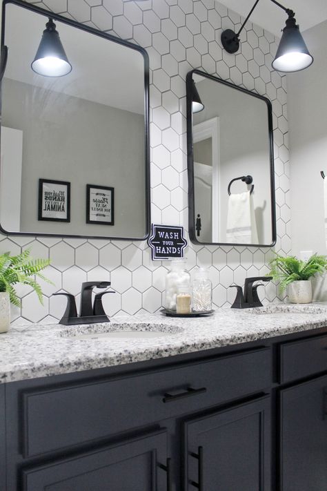 Black Fixtures Bathroom, Home Depot Bathroom Tile, Backsplash Inspiration, Vanity Backsplash, Home Depot Bathroom, Tile Backsplash Bathroom, Jeffrey Court, Guest Bathroom Remodel, Bathroom Makeovers