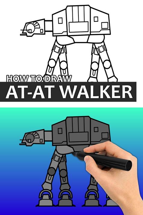 Atat Star Wars Drawing, At At Walker Drawing, Step By Step Drawing Star Wars, At At Star Wars Drawing, Star Wars Drawings Easy Step By Step, How To Draw Star Wars Characters, How To Draw Star Wars, Star Wars Drawings Easy, Star Wars Characters Drawings