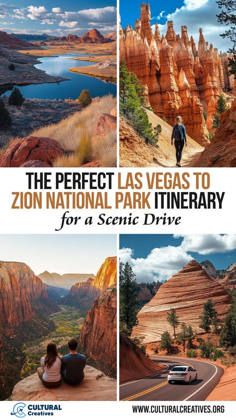 Scenic views of lakes, canyons, and winding roads for The Perfect Las Vegas to Zion National Park Itinerary for a Scenic Drive. Las Vegas Valley Of Fire, Las Vegas To California Road Trip, Zion And Bryce Canyon Itinerary, Las Vegas To Grand Canyon Road Trip, National Parks Near Las Vegas, Zion National Park Itinerary, Vegas To Zion Road Trip, Arizona Road Trip Itinerary, Las Vegas Road Trip