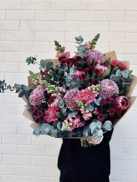 Burgundy Disbuds, Burgundy Snapdragons, Wine Sim Carnations, Pink Ice Protea, Button Chrysanthemums and Gum. Small, Medium and Mega bunches pictured. Pink Ice Protea, Fresh Flower Delivery, Colour Scheme, Flower Delivery, Chrysanthemum, Fresh Flowers, Brisbane, Florist, Gum