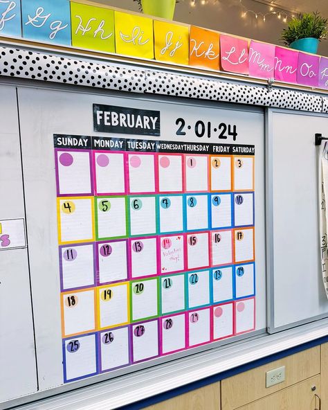 New month means an updated classroom calendar! 🌟 Calendar manager is one of our classroom jobs! Whoever has that job for the current… | Instagram Calendar Elementary School, Washi Tape Calendar White Boards, Diy Bulletin Board Calendar, Diy Classroom Calendar Ideas, Calendar Display Classroom, Classroom Calendar On Whiteboard, Classroom Calendar Ideas, Flip Calendar Classroom, Classroom Whiteboard Organization